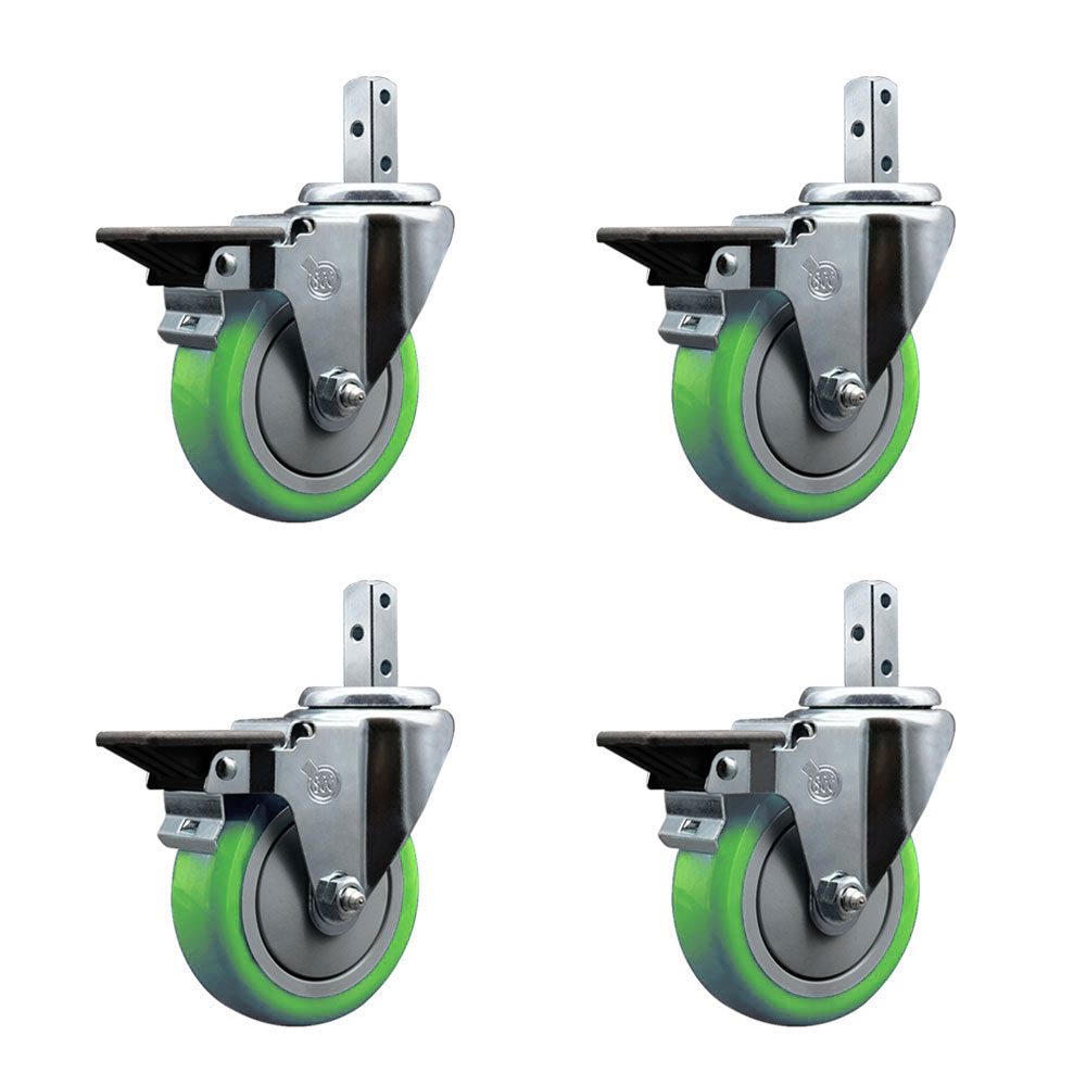 Swivel Square Stem Caster Set 4 w/4” x 1.25” Green Poly Wheel - 3/4” x 2” Square Stem with (3) 17/64” Diameter Mounting Holes - Includes 4 Posi Lock Brakes - 1400lbs. Cpty/Caster- Service Caster Brand — photo 1