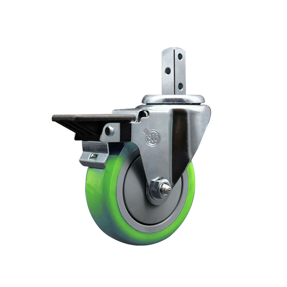 Swivel Square Stem Caster w/4” x 1.25” Green Polyurethane Wheel – 3/4” x 2” Square Stem with (3) 17/64” Diameter Mounting Holes & Posi Lock Brakes – 350 lbs. Capacity/Caster – Service Caster Brand — photo 1
