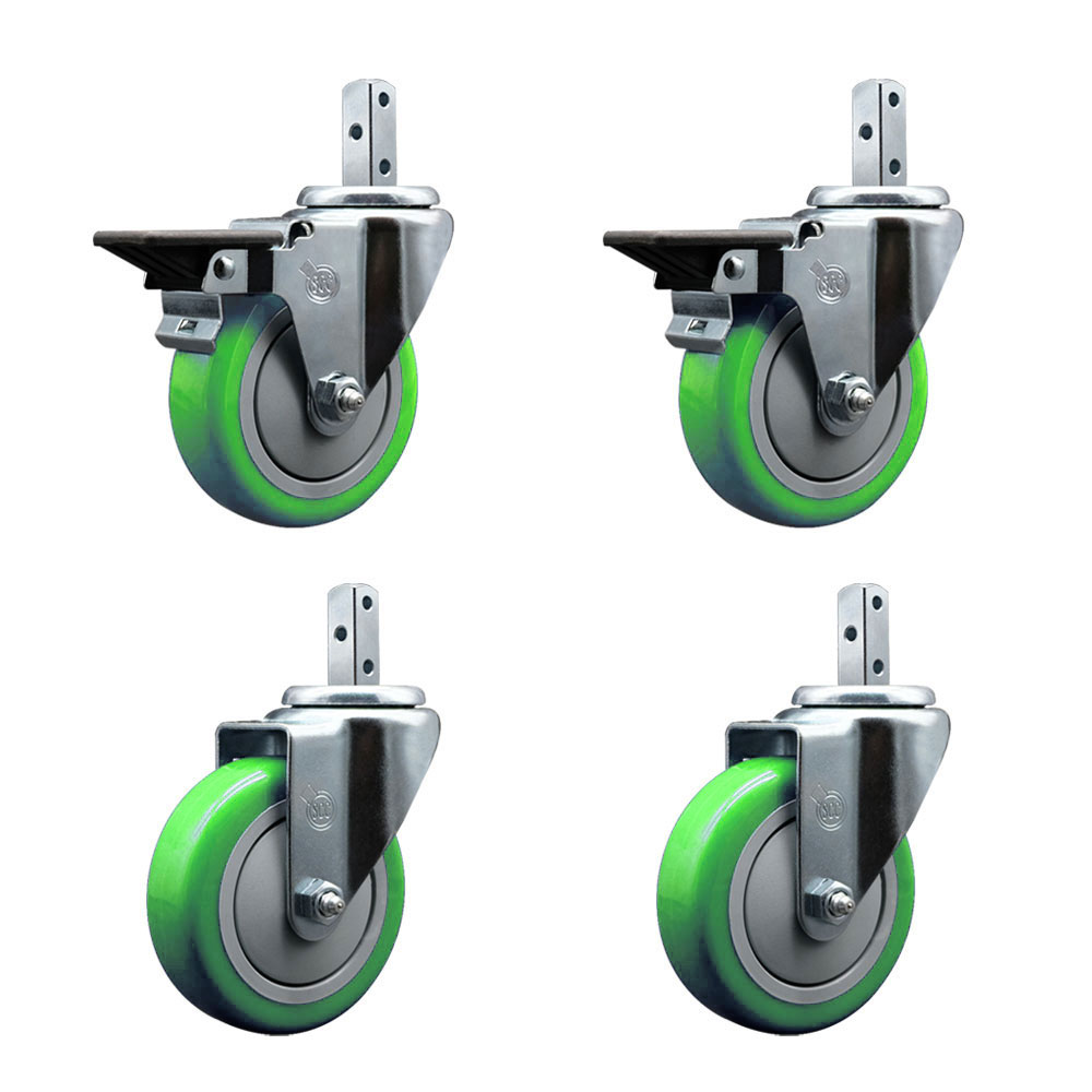 Swivel Square Stem Caster Set 4 w/4” x 1.25” Green Poly Wheel - 7/8” x 2” Square Stem with (3) 17/64” Diameter Mounting Holes - Includes 2 Posi Lock Brakes - 1400lbs. Cpty/Caster- Service Caster Brand — photo 1