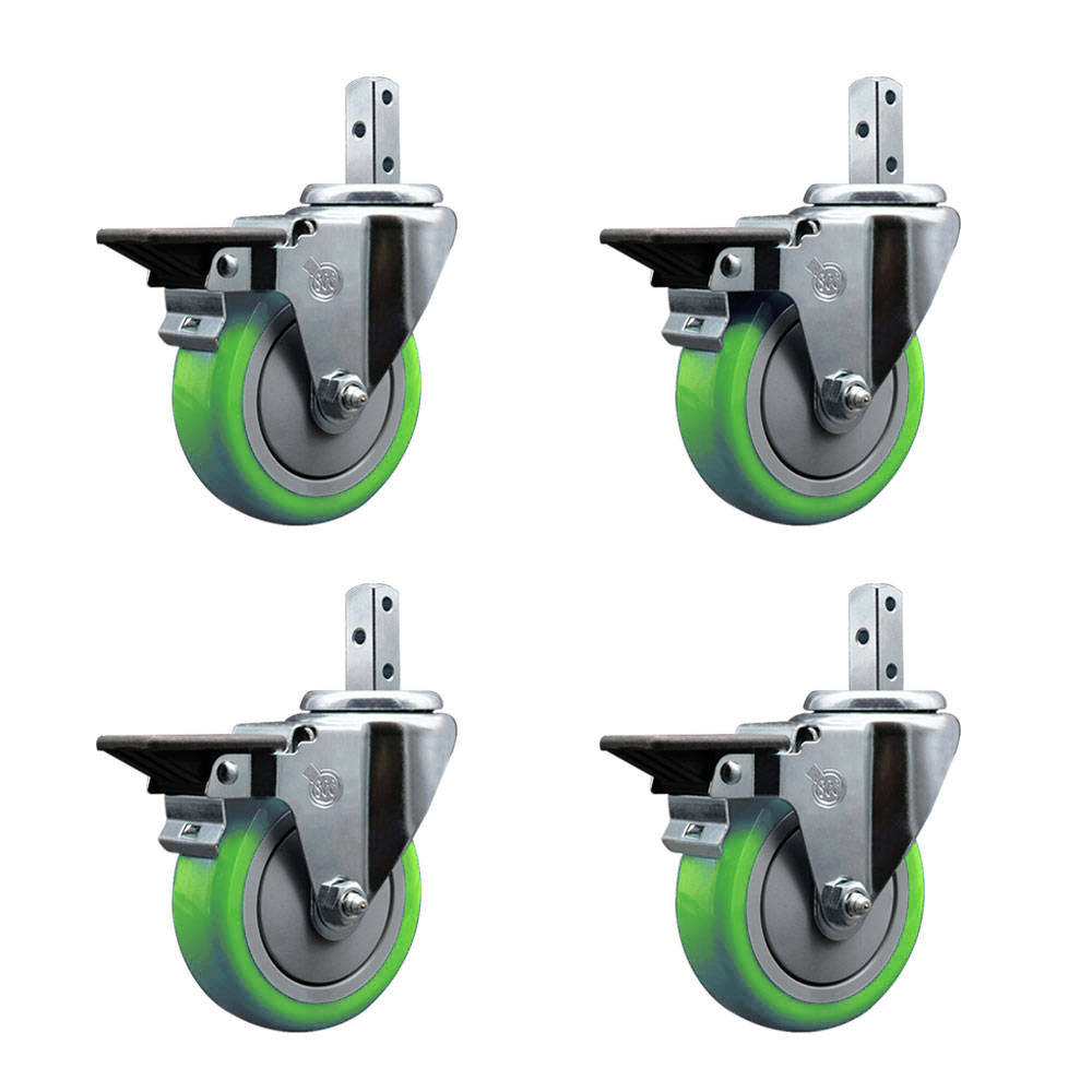 Swivel Square Stem Caster Set 4 w/4” x 1.25” Green Poly Wheel - 7/8” x 2” Square Stem with (3) 17/64” Diameter Mounting Holes - Includes 4 Posi Lock Brakes - 1400lbs. Cpty/Caster- Service Caster Brand — photo 1