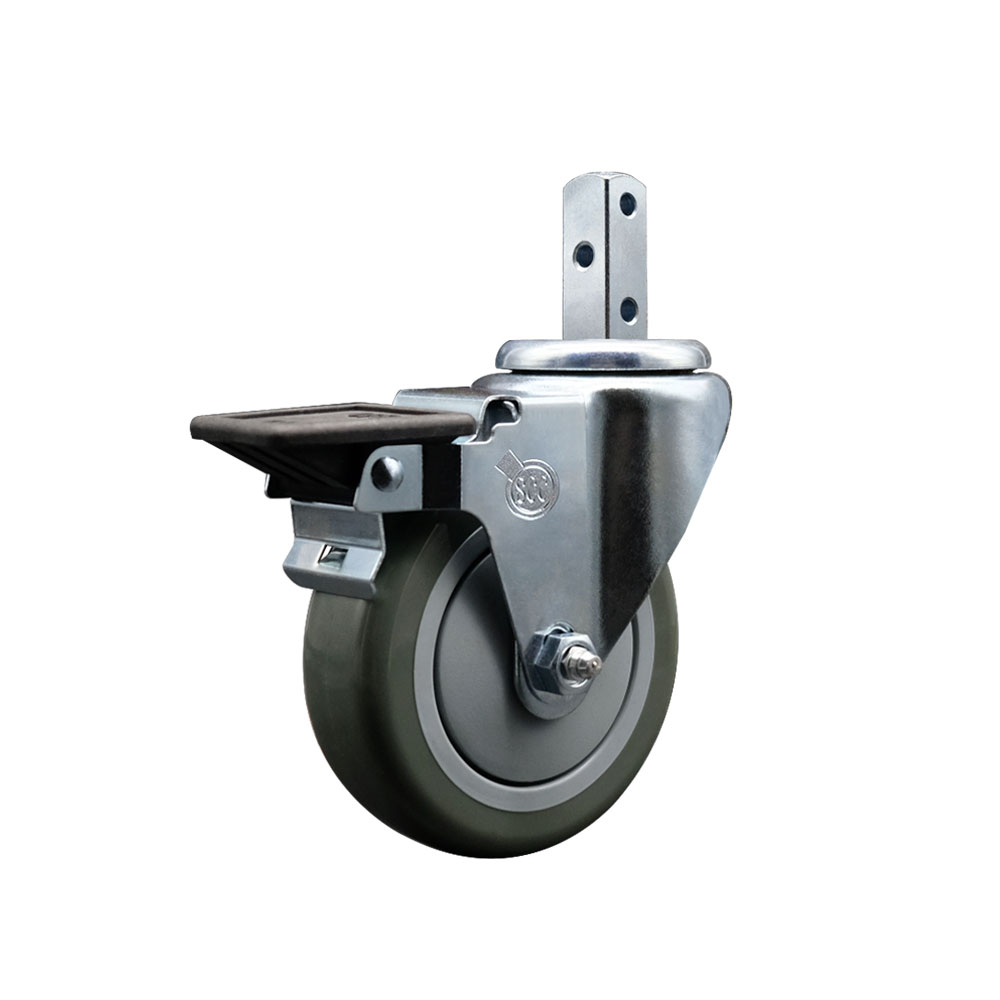 Swivel Square Stem Caster w/4” x 1.25” Gray Polyurethane Wheel – 3/4” x 2” Square Stem with (3) 17/64” Diameter Mounting Holes & Posi Lock Brakes – 350 lbs. Capacity/Caster – Service Caster Brand — photo 1
