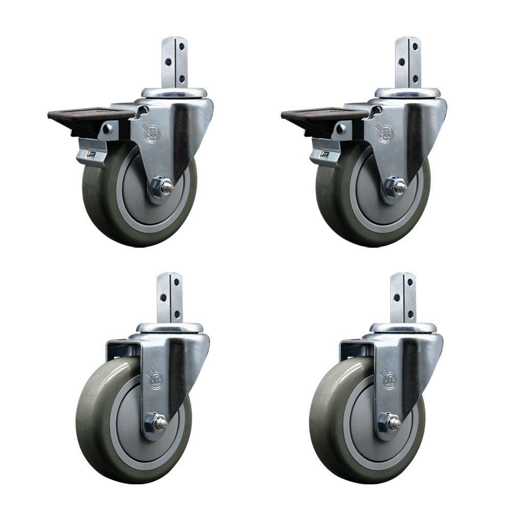Swivel Square Stem Caster Set 4 w/4” x 1.25” Gray Poly Wheel - 7/8” x 2” Square Stem with (3) 17/64” Diameter Mounting Holes - Includes 2 Posi Lock Brakes - 1400lbs. Cpty/Caster - Service Caster Brand — photo 1