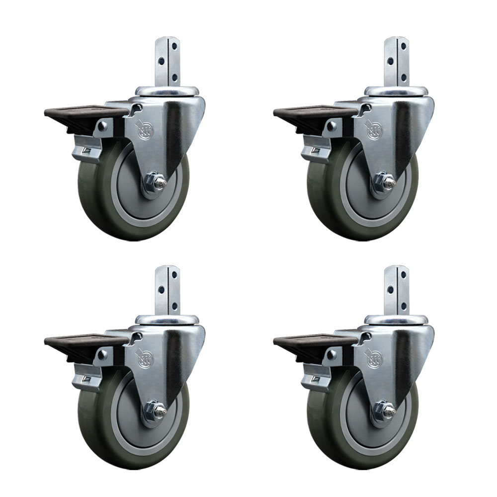 Swivel Square Stem Caster Set 4 w/4” x 1.25” Gray Poly Wheel - 7/8” x 2” Square Stem with (3) 17/64” Diameter Mounting Holes - Includes 4 Posi Lock Brakes - 1400lbs. Cpty/Caster - Service Caster Brand — photo 1