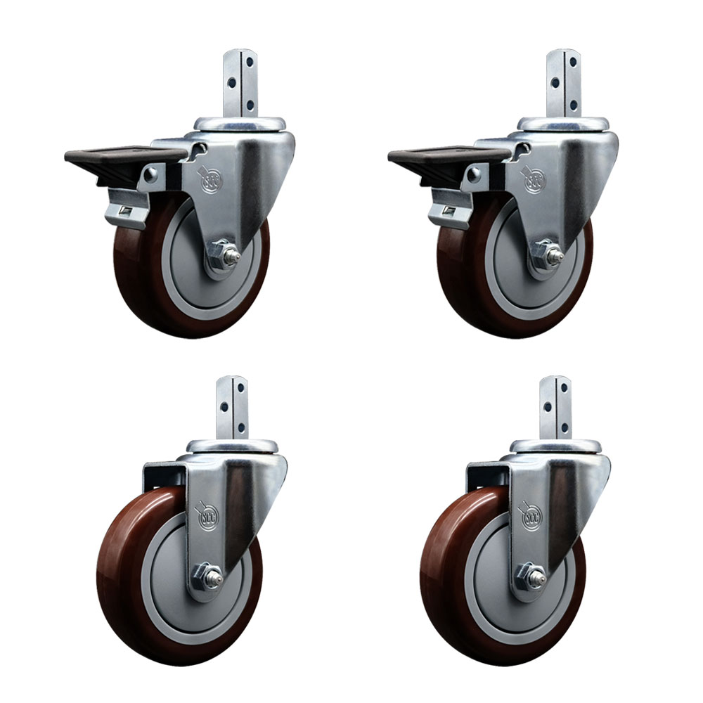 Swivel Square Stem Caster Set 4 w/4” x 1.25” Maroon Poly Wheel - 3/4” x 2” Square Stem with (3) 17/64” Diameter Mounting Holes-Includes 2 Posi Lock Brakes - 1400lbs. Cpty/Caster - Service Caster Brand — photo 1