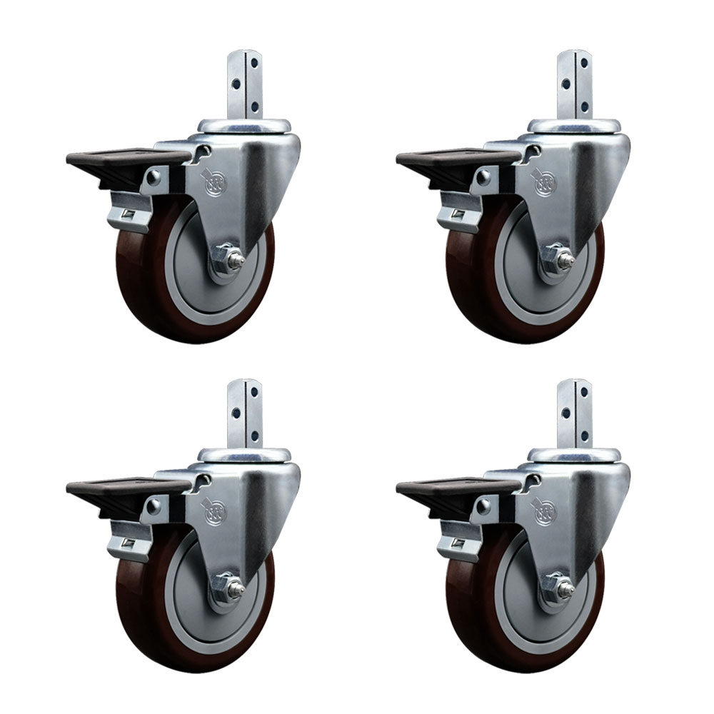 Swivel Square Stem Caster Set 4 w/4” x 1.25” Maroon Poly Wheel - 3/4” x 2” Square Stem with (3) 17/64” Diameter Mounting Holes-Includes 4 Posi Lock Brakes - 1400lbs. Cpty/Caster - Service Caster Brand — photo 1