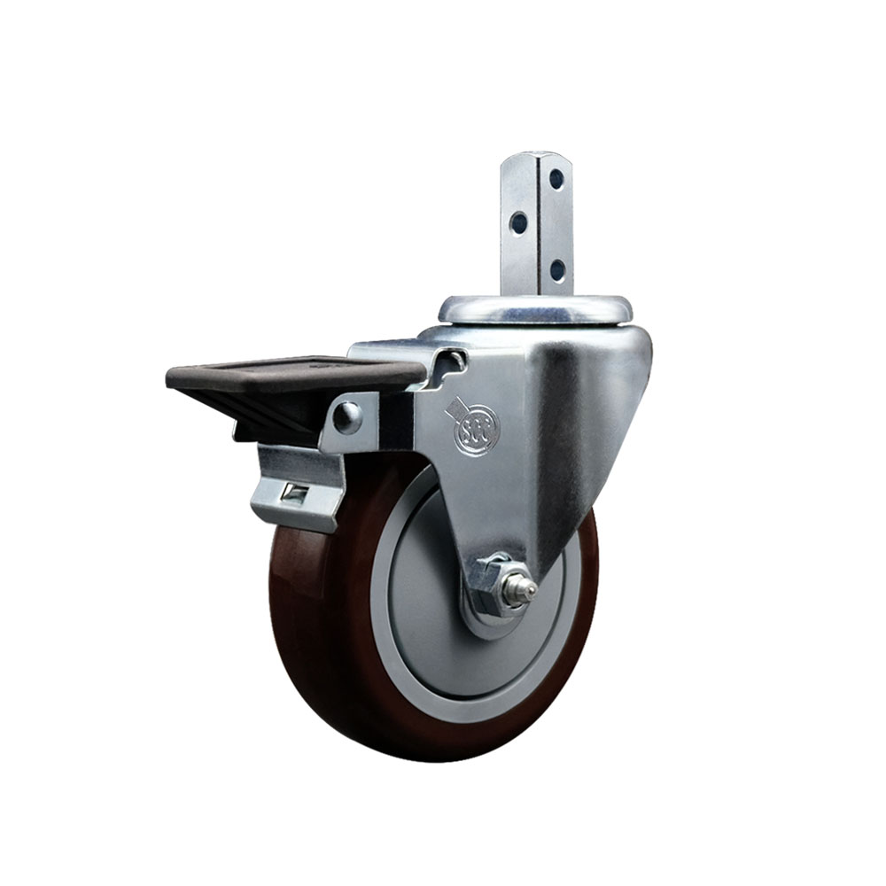 Swivel Square Stem Caster w/4” x 1.25” Maroon Polyurethane Wheel – 3/4” x 2” Square Stem with (3) 17/64” Diameter Mounting Holes & Posi Lock Brakes – 350 lbs. Capacity/Caster – Service Caster Brand — photo 1