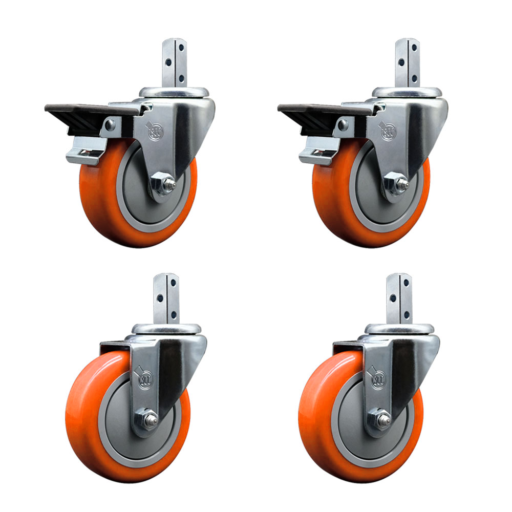 Swivel Square Stem Caster Set 4 w/4” x 1.25” Orange Poly Wheel - 3/4” x 2” Square Stem with (3) 17/64” Diameter Mounting Holes - Includes 2 Posi Lock Brakes -1400lbs. Cpty/Caster- Service Caster Brand — photo 1