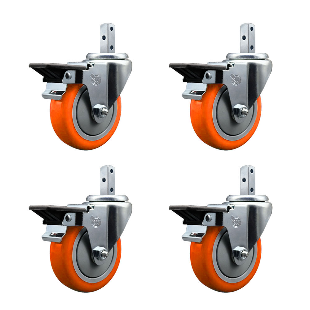 Swivel Square Stem Caster Set 4 w/4” x 1.25” Orange Poly Wheel - 7/8” x 2” Square Stem with (3) 17/64” Diameter Mounting Holes - Includes 4 Posi Lock Brakes-1400lbs. Cpty/Caster - Service Caster Brand — photo 1