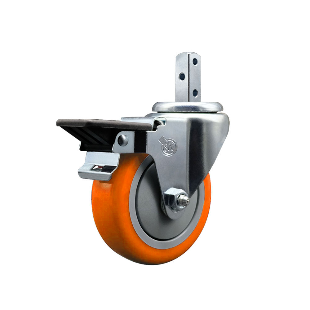 Swivel Square Stem Caster w/4” x 1.25” Orange Polyurethane Wheel – 7/8” x 2” Square Stem with (3) 17/64” Diameter Mounting Holes & Posi Lock Brakes – 350 lbs. Capacity/Caster – Service Caster Brand — photo 1