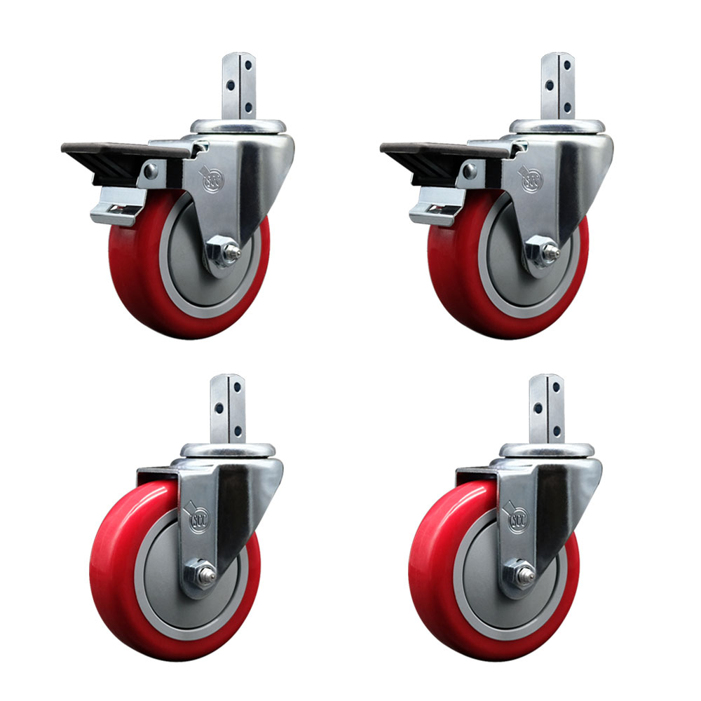 Swivel Square Stem Caster Set 4 w/4” x 1.25” Red Poly Wheel - 7/8” x 2” Square Stem with (3) 17/64” Diameter Mounting Holes - Includes 2 Posi Lock Brakes - 1400lbs. Cpty/Caster - Service Caster Brand — photo 1