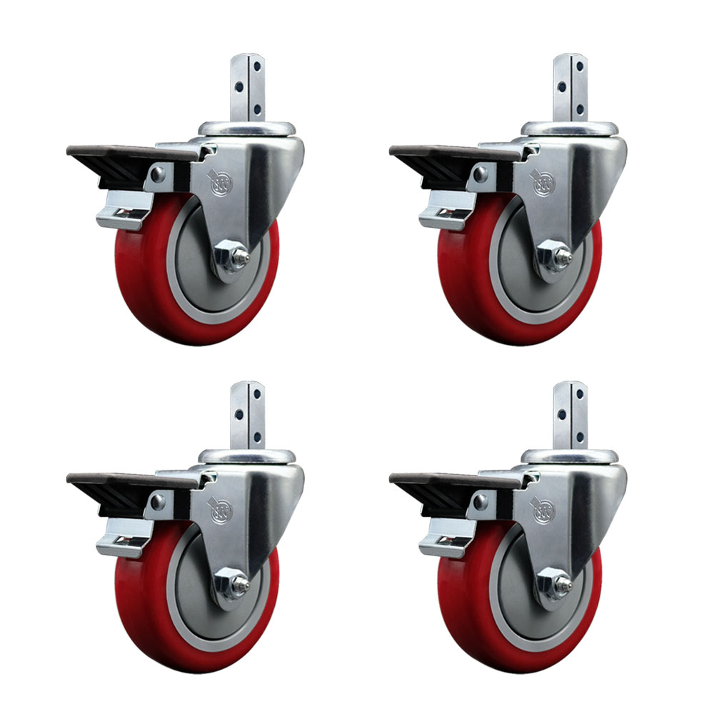 Swivel Square Stem Caster Set 4 w/4” x 1.25” Red Poly Wheel - 7/8” x 2” Square Stem with (3) 17/64” Diameter Mounting Holes - Includes 4 Posi Lock Brakes - 1400lbs. Cpty/Caster - Service Caster Brand — photo 1