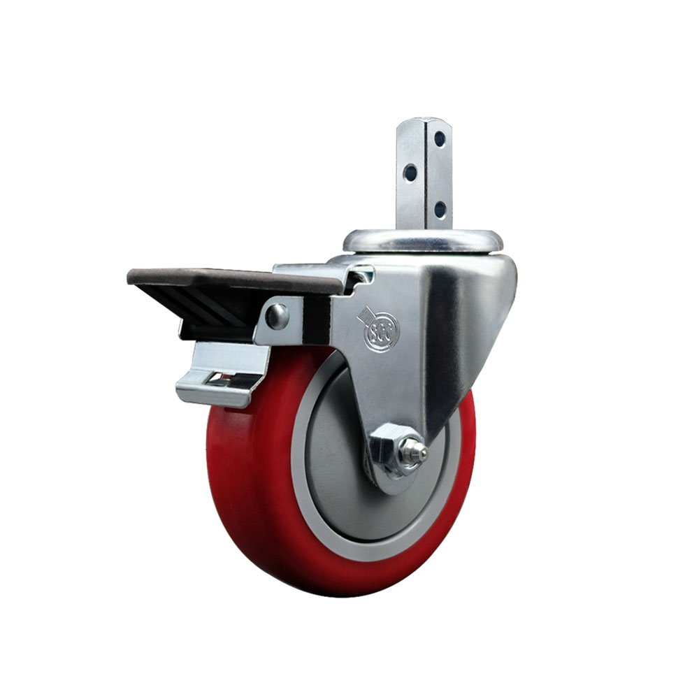 Swivel Square Stem Caster w/4” x 1.25” Red Polyurethane Wheel – 7/8” x 2” Square Stem with (3) 17/64” Diameter Mounting Holes & Posi Lock Brakes – 350 lbs. Capacity/Caster – Service Caster Brand — photo 1