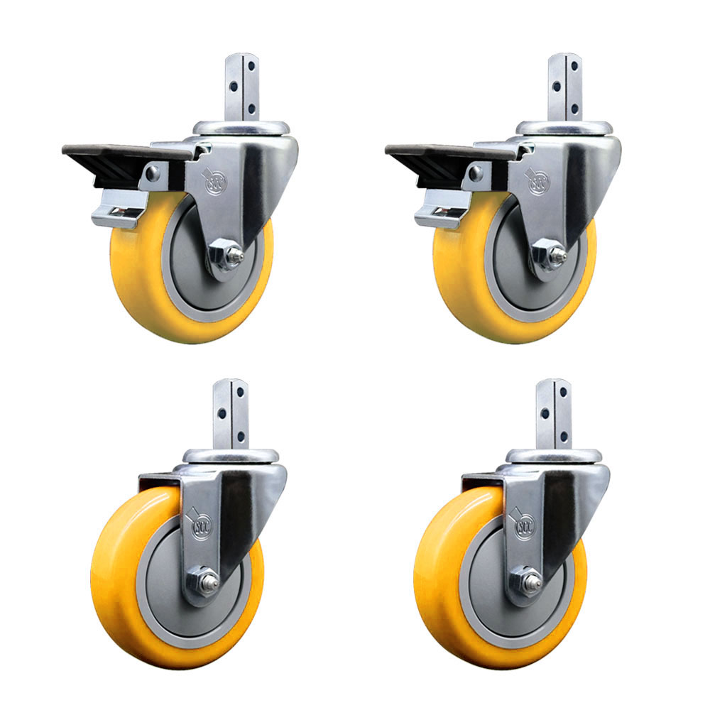 Swivel Square Stem Caster Set 4 w/4” x 1.25” Yellow Poly Wheel - 3/4” x 2” Square Stem with (3) 17/64” Diameter Mounting Holes - Includes 2 Posi Lock Brakes-1400lbs. Cpty/Caster - Service Caster Brand — photo 1