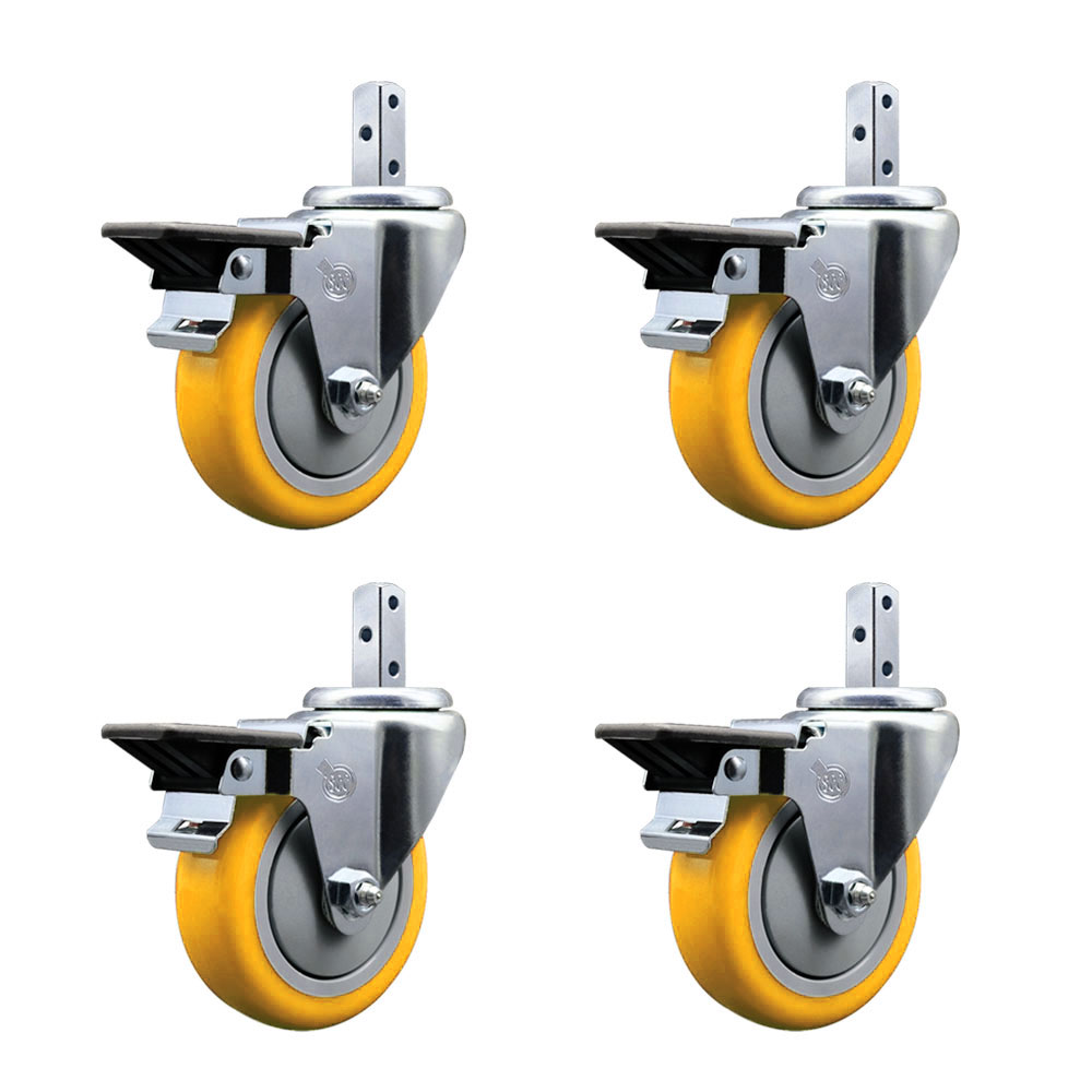 Swivel Square Stem Caster Set 4 w/4” x 1.25” Yellow Poly Wheel - 3/4” x 2” Square Stem with (3) 17/64” Diameter Mounting Holes - Includes 4 Posi Lock Brakes-1400lbs. Cpty/Caster - Service Caster Brand — photo 1