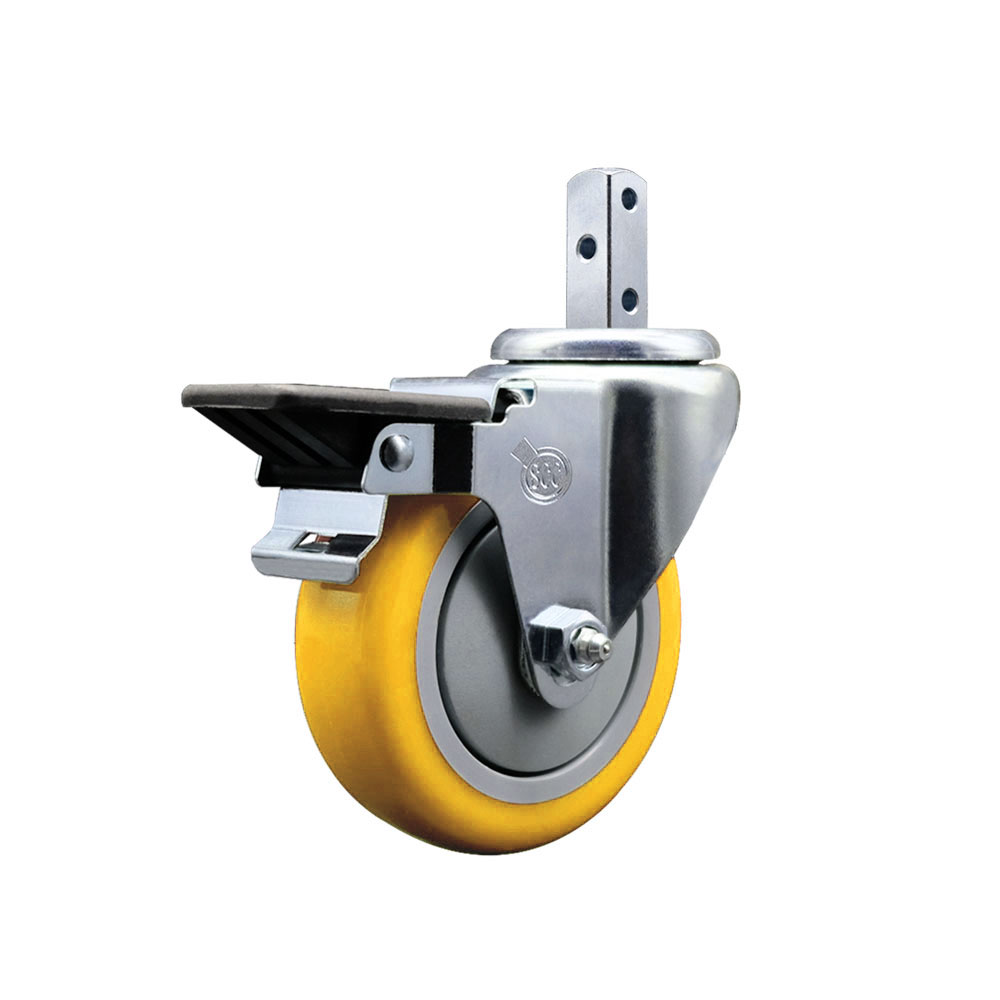 Swivel Square Stem Caster w/4” x 1.25” Yellow Polyurethane Wheel – 3/4” x 2” Square Stem with (3) 17/64” Diameter Mounting Holes & Posi Lock Brakes – 350 lbs. Capacity/Caster – Service Caster Brand — photo 1