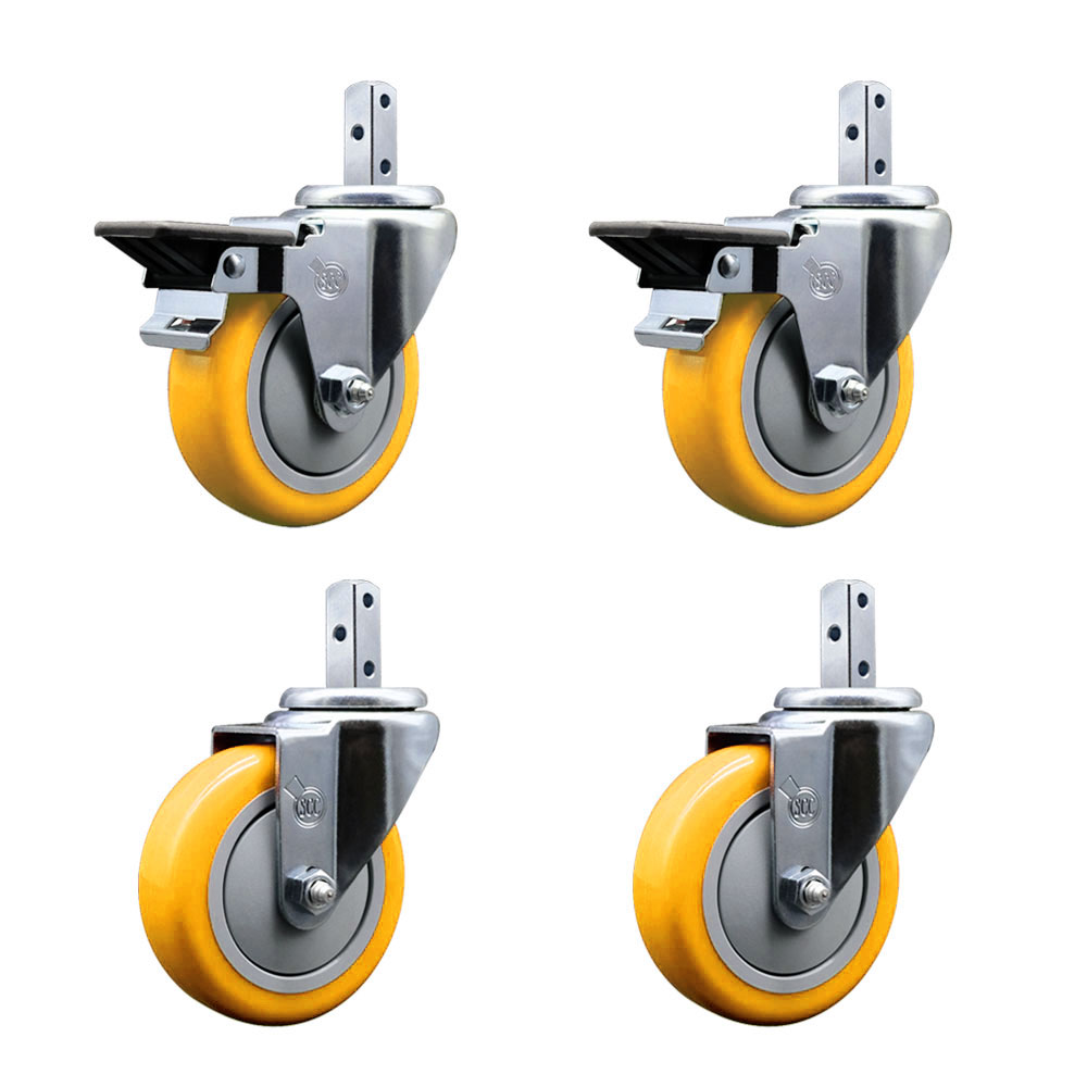 Swivel Square Stem Caster Set 4 w/4” x 1.25” Yellow Poly Wheel - 7/8” x 2” Square Stem with (3) 17/64” Diameter Mounting Holes - Includes 2 Posi Lock Brakes-1400lbs. Cpty/Caster - Service Caster Brand — photo 1