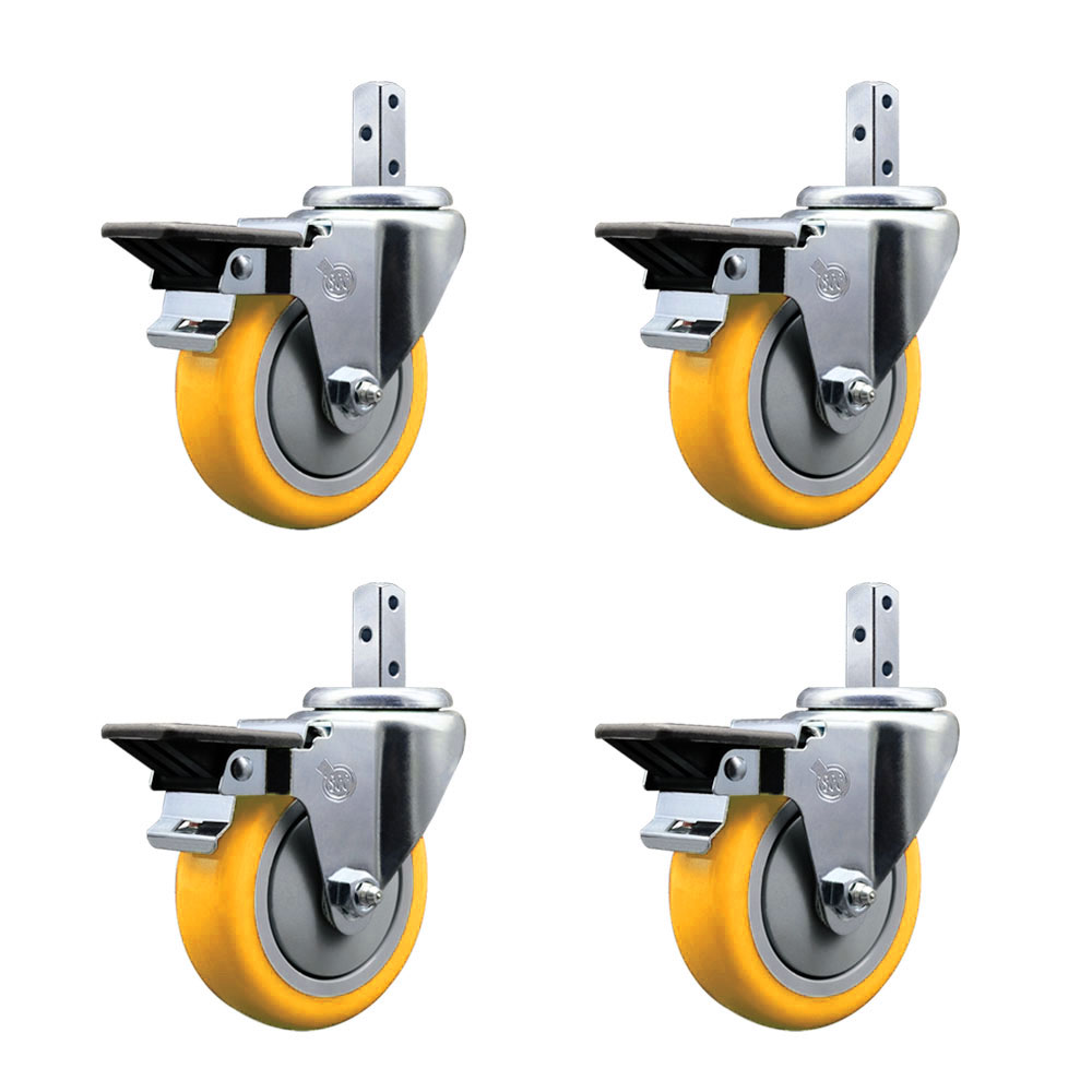 Swivel Square Stem Caster Set 4 w/4” x 1.25” Yellow Poly Wheel - 7/8” x 2” Square Stem with (3) 17/64” Diameter Mounting Holes - Includes 4 Posi Lock Brakes-1400lbs. Cpty/Caster - Service Caster Brand — photo 1