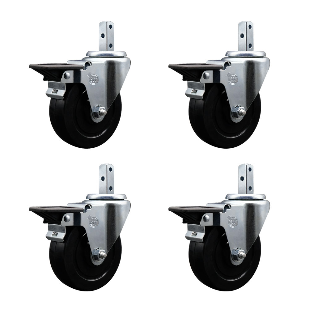 Swivel Square Stem Caster Set 4 w/4” x 1.25” Black Soft Rubber Wheel-3/4” x 2” Square Stem with (3) 17/64” Diameter Mounting Holes-Includes 4 Posi Lock Brakes-800lbs. Cpty/Caster- Service Caster Brand — photo 1