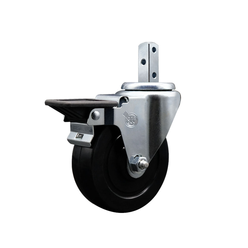 Swivel Square Stem Caster w/4” x 1.25” Black Soft Rubber Wheel – 3/4” x 2” Square Stem with (3) 17/64” Diameter Mounting Holes & Posi Lock Brakes – 200 lbs. Capacity/Caster – Service Caster Brand — photo 1