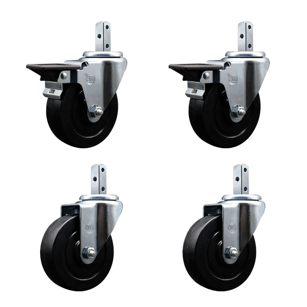 Swivel Square Stem Caster Set 4 w/4” x 1.25” Black Soft Rubber Wheel-7/8” x 2” Square Stem with (3) 17/64” Diameter Mounting Holes-Includes 2 Posi Lock Brakes-800lbs. Cpty/Caster- Service Caster Brand — photo 1
