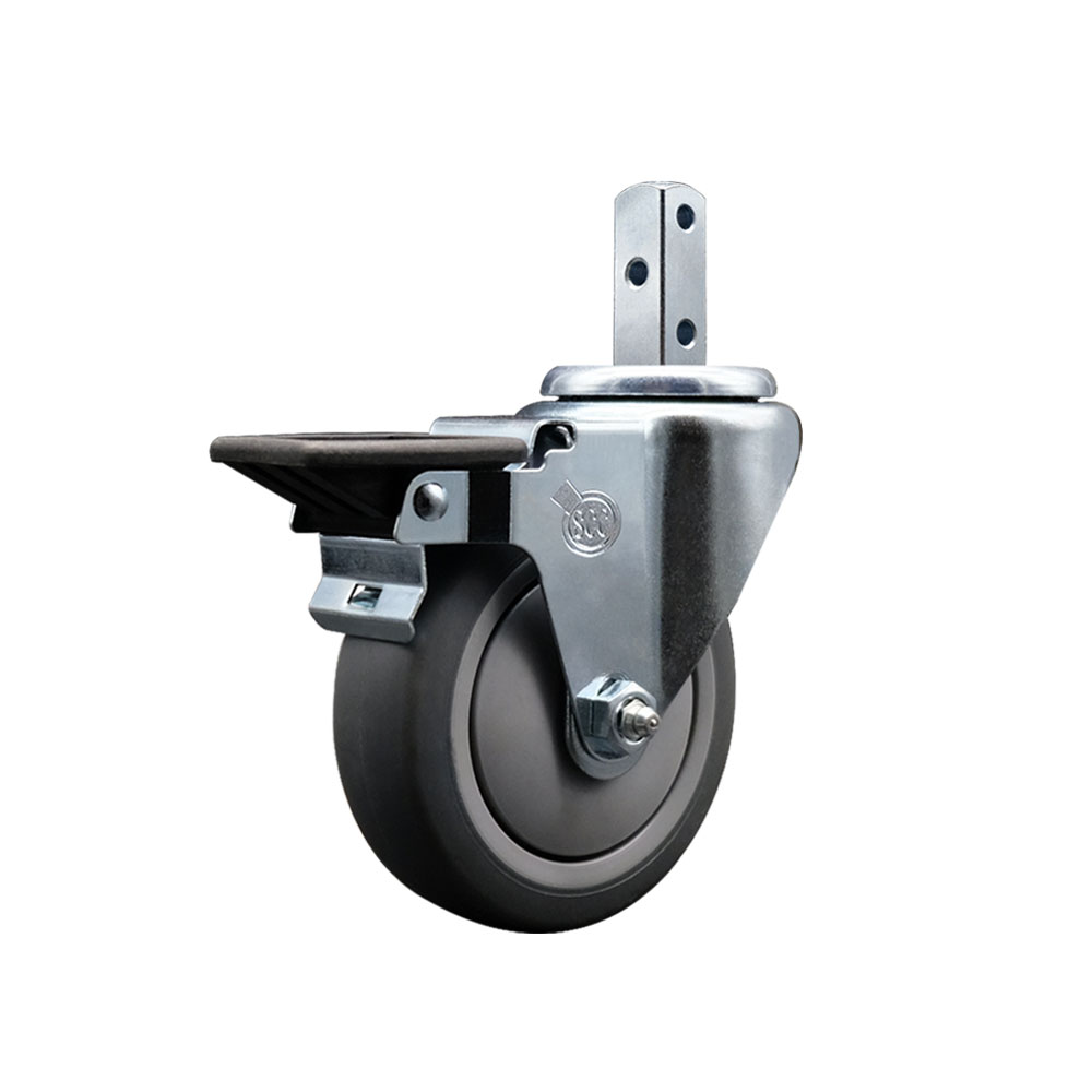 Swivel Square Stem Caster w/4” x 1.25” Gray Thermoplastic Rubber Wheel – 3/4” x 2” Square Stem with (3) 17/64” Diameter Mounting Holes & Posi Lock Brake –250lbs. Capacity/Caster – Service Caster Brand — photo 1