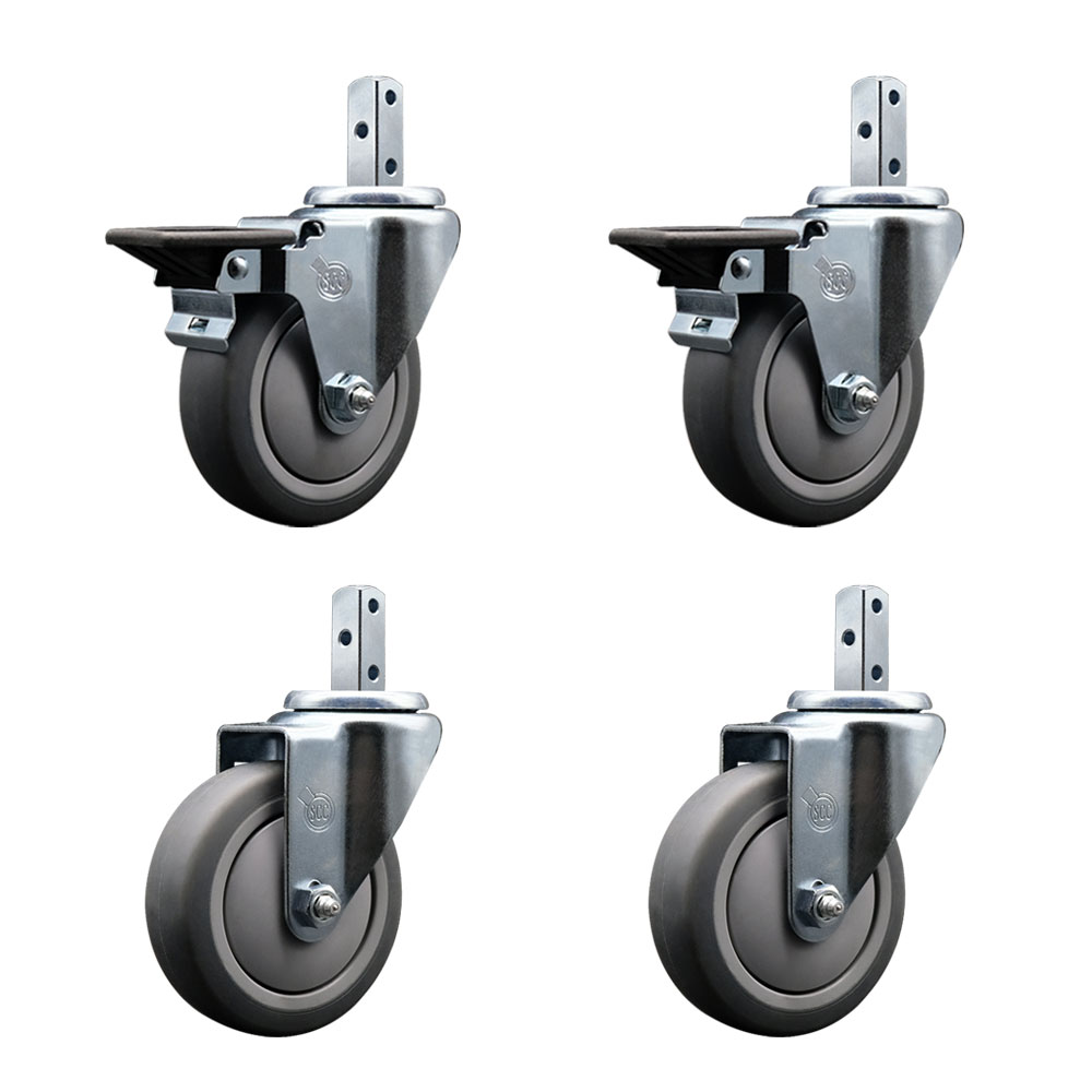 Swivel Square Stem Caster Set 4 w/4” x 1.25” Gray Thermoplastic Rubber Wheel - 7/8” x 2” Square Stem with (3) 17/64” Diameter Mounting Holes - Includes 2 Posi Lock Brakes - Service Caster Brand — photo 1