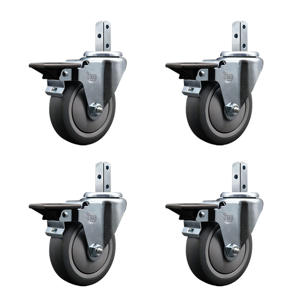 Swivel Square Stem Caster Set 4 w/4” x 1.25” Gray Thermoplastic Rubber Wheel - 7/8” x 2” Square Stem with (3) 17/64” Diameter Mounting Holes - Includes 4 Posi Lock Brakes - Service Caster Brand — photo 1