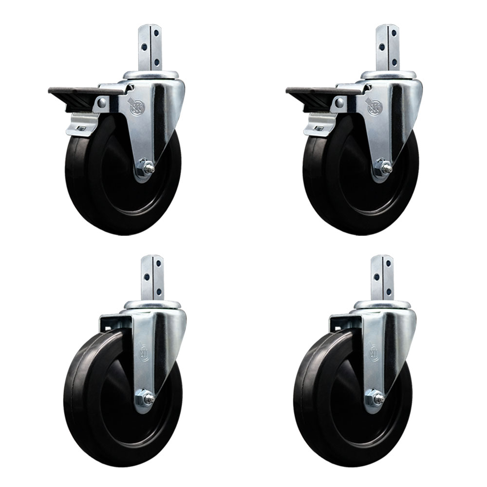 Swivel Square Stem Caster Set 4 w/5” x 1.25” Black Hard Rubber Wheel-7/8” x 2” Square Stem with (3) 17/64” Diameter Mounting Holes-Includes 2 Posi Lck Brakes-1200lbs. Cpty/Caster- Service Caster Brand — photo 1