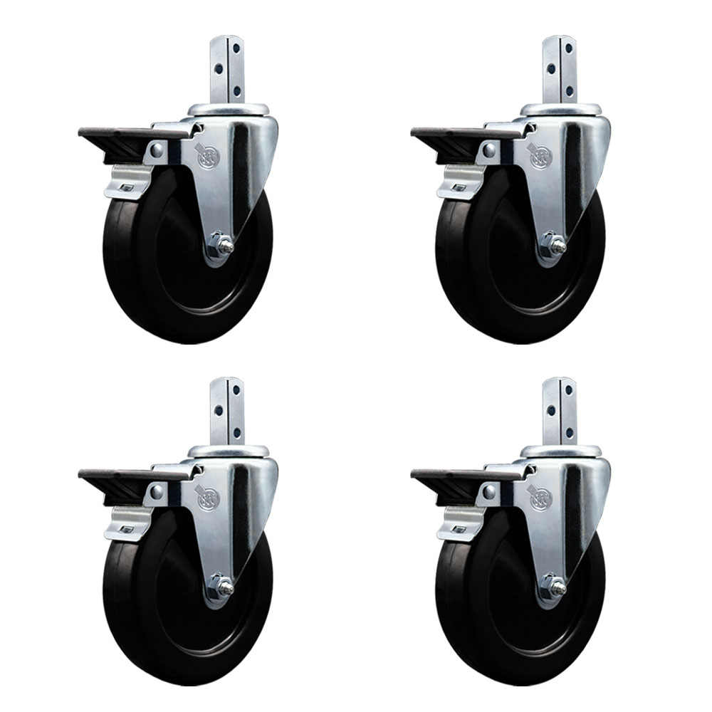 Swivel Square Stem Caster Set 4 w/5” x 1.25” Black Hard Rubber Wheel-7/8” x 2” Square Stem with (3) 17/64” Diameter Mounting Holes-Includes 4 Posi Lck Brakes-1200lbs. Cpty/Caster- Service Caster Brand — photo 1