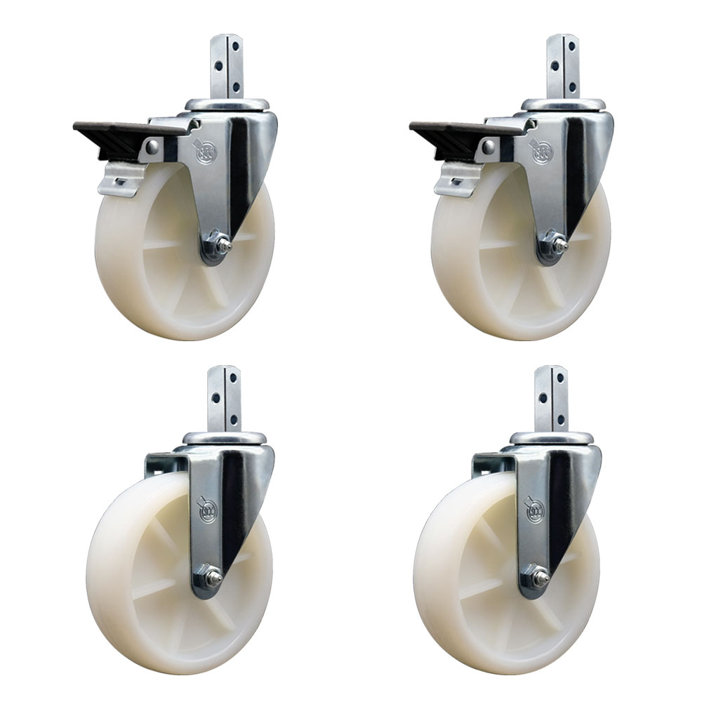Swivel Square Stem Caster Set 4 w/5” x 1.25” White Nylon Wheel - 3/4” x 2” Square Stem with (3) 17/64” Diameter Mounting Holes - Includes 2 Posi Lock Brakes-1200lbs. Cpty/Caster - Service Caster Brand — photo 1