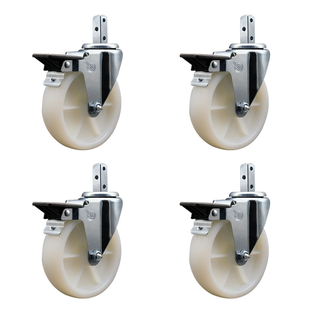 Swivel Square Stem Caster Set 4 w/5” x 1.25” White Nylon Wheel - 7/8” x 2” Square Stem with (3) 17/64” Diameter Mounting Holes- Includes 4 Posi Lock Brakes- 1200lbs. Cpty/Caster - Service Caster Brand — photo 1