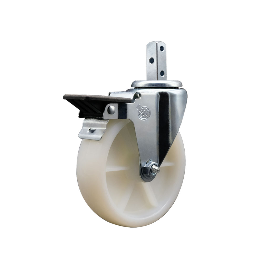 Swivel Square Stem Caster w/5” x 1.25” White Nylon Wheel – 7/8” x 2” Square Stem with (3) 17/64” Diameter Mounting Holes & Posi Lock Brakes – 300 lbs. Capacity/Caster – Service Caster Brand — photo 1