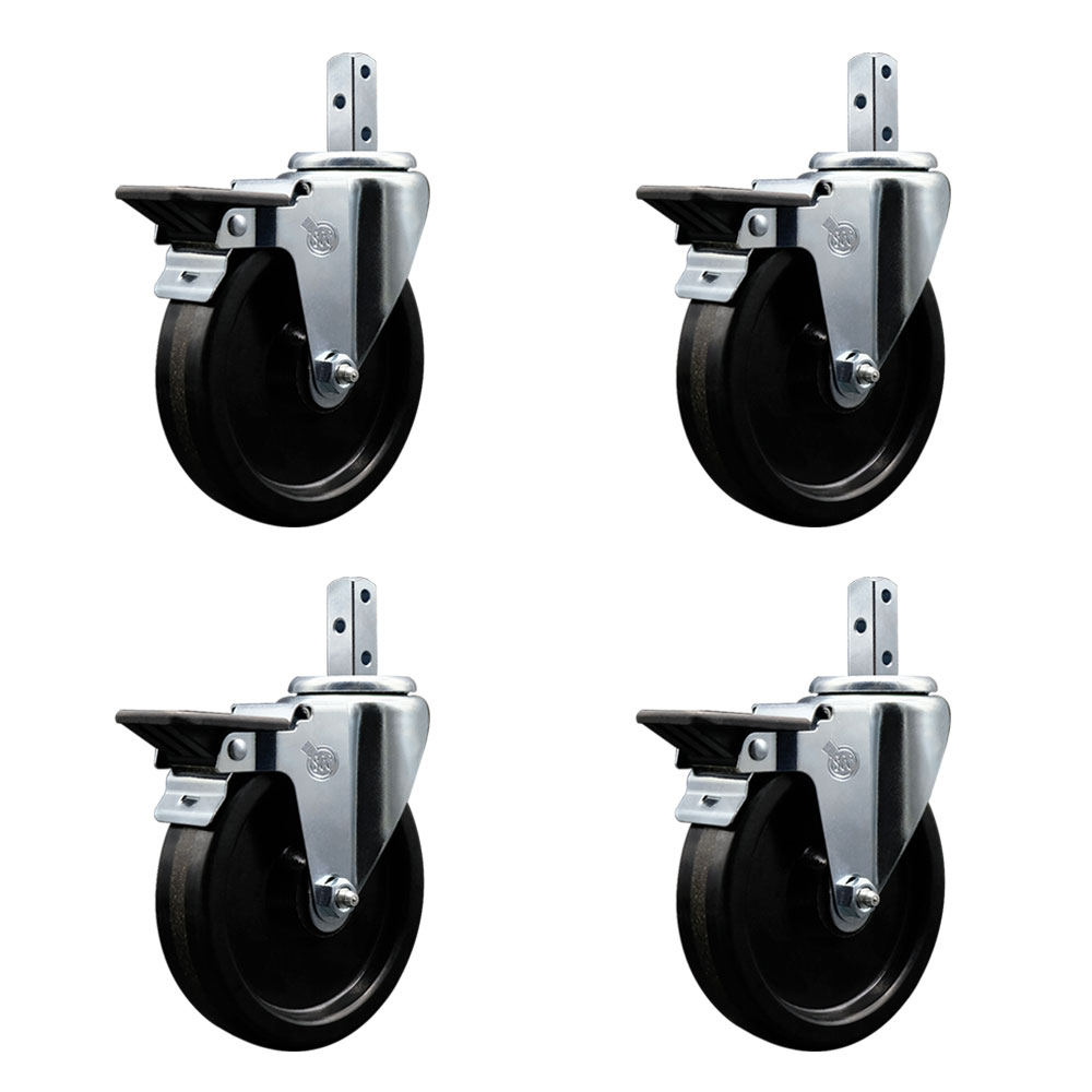 Swivel Square Stem Caster Set 4 w/5” x 1.25” Black Phenolic Wheel - 3/4” x 2” Square Stem with (3) 17/64” Diameter Mounting Holes-Includes 4 Posi Lock Brakes-1200lbs. Cpty/Caster- Service Caster Brand — photo 1