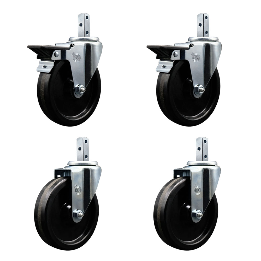 Swivel Square Stem Caster Set 4 w/5” x 1.25” Black Phenolic Wheel - 7/8” x 2” Square Stem with (3) 17/64” Diameter Mounting Holes-Includes 2 Posi Lock Brakes-1200lbs. Cpty/Caster- Service Caster Brand — photo 1