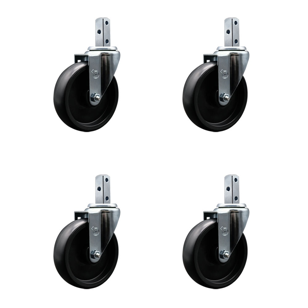 Polyolefin Swivel Square Stem Caster Wheels Set 4 with 5 Inch Black Wheels - 7/8” x 2” Square Stem with (3) 17/64” Diameter Mounting Holes -Includes 4 Swivel-1400 lbs. Cpty/Caster-Service Caster Brand — photo 1