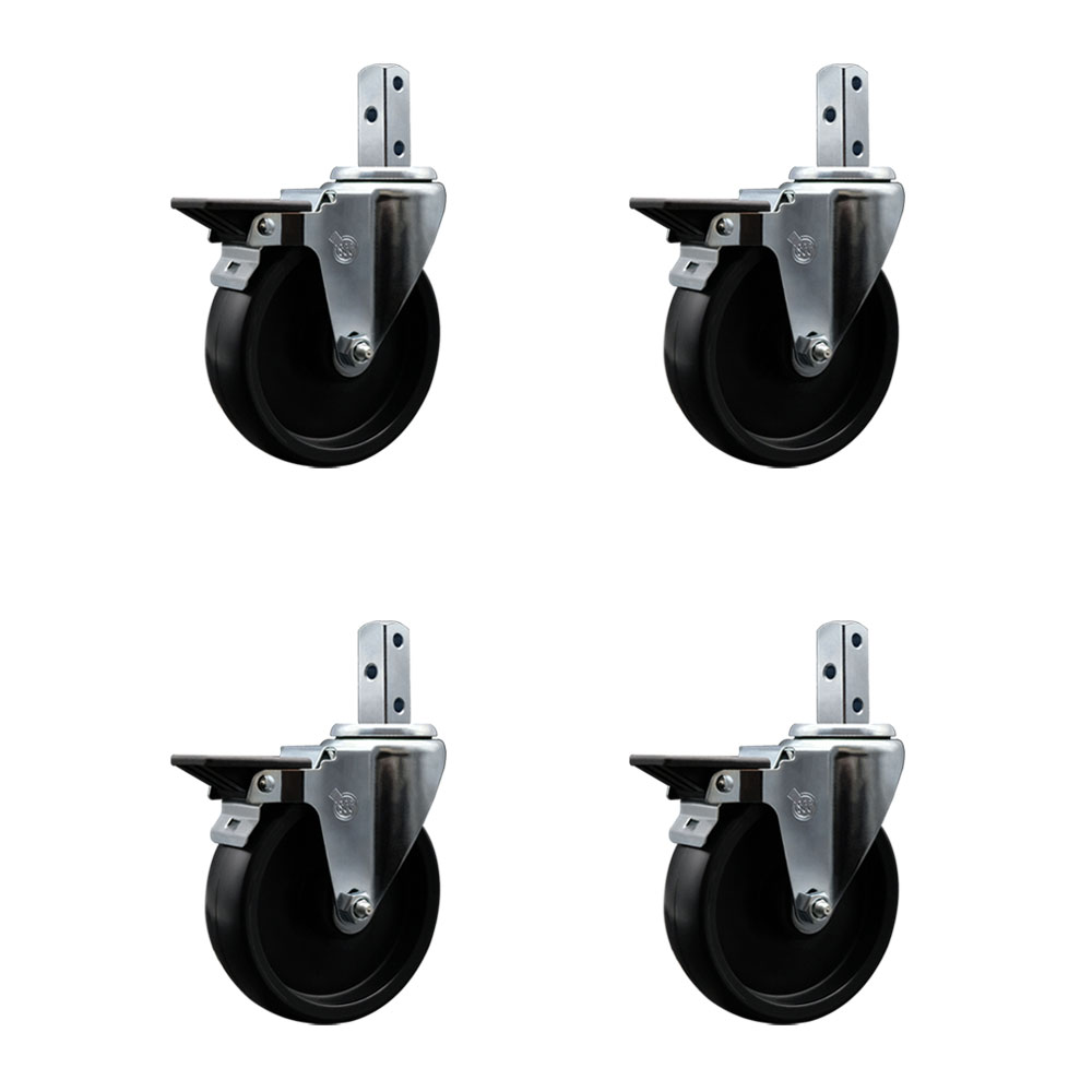 Polyolefin Swivel Square Stem Caster Wheels Set 4 with 5 Inch Wheels-3/4” x 2” Square Stem with (3) 17/64” Diameter Mounting Holes-Includes 4 Posi Lock Brakes-1400lbs. Cpty/Caster-Service Caster Brand — photo 1