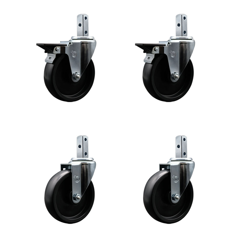 Polyolefin Swivel Square Stem Caster Wheels Set 4 with 5 Inch Wheels-7/8” x 2” Square Stem with (3) 17/64” Diameter Mounting Holes-Includes 2 Posi Lock Brakes-1400lbs. Cpty/Caster-Service Caster Brand — photo 1