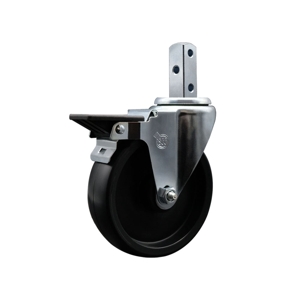Polyolefin Swivel Square Stem Caster Wheel with 5 Inch Black Wheel – 7/8” x 2” Square Stem with (3) 17/64” Diameter Mounting Holes and Posi Lock Brake – 350 lbs. Capacity/Caster – Service Caster Brand — photo 1