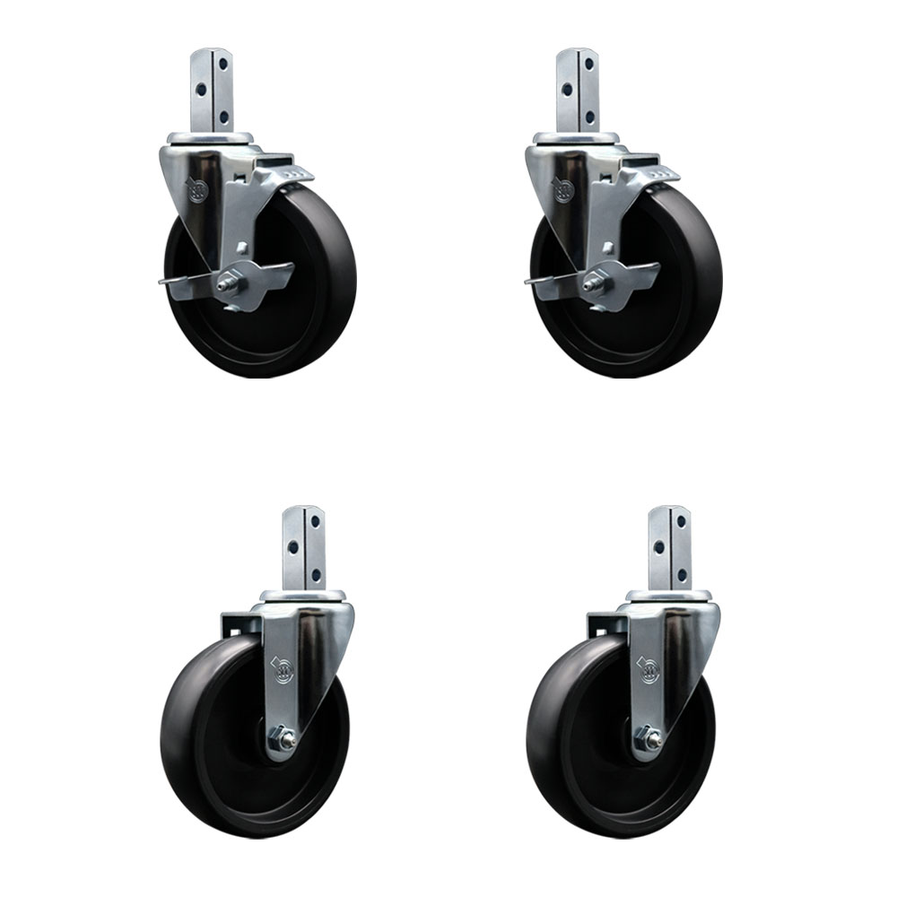 Polyolefin Swivel Square Stem Caster Wheels Set 4 with 5 Inch Wheels-3/4” x 2” Square Stem with (3) 17/64” Diameter Mounting Holes-Includes 2 Top Lock Brakes-1400lbs. Cpty/Caster- Service Caster Brand — photo 1