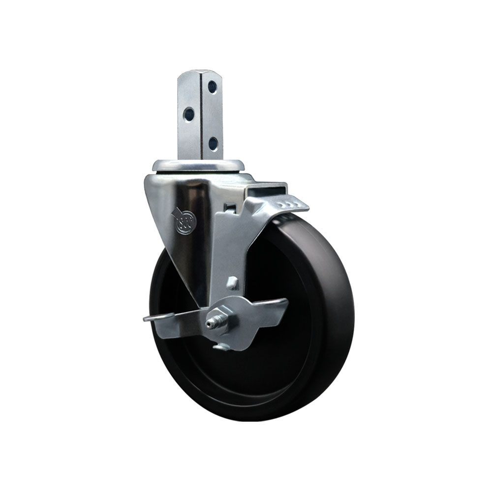 Polyolefin Swivel Square Stem Caster Wheel with 5 Inch Black Wheel – 3/4” x 2” Square Stem with (3) 17/64” Diameter Mounting Holes and Top Lock Brake – 350 lbs. Capacity/Caster – Service Caster Brand — photo 1