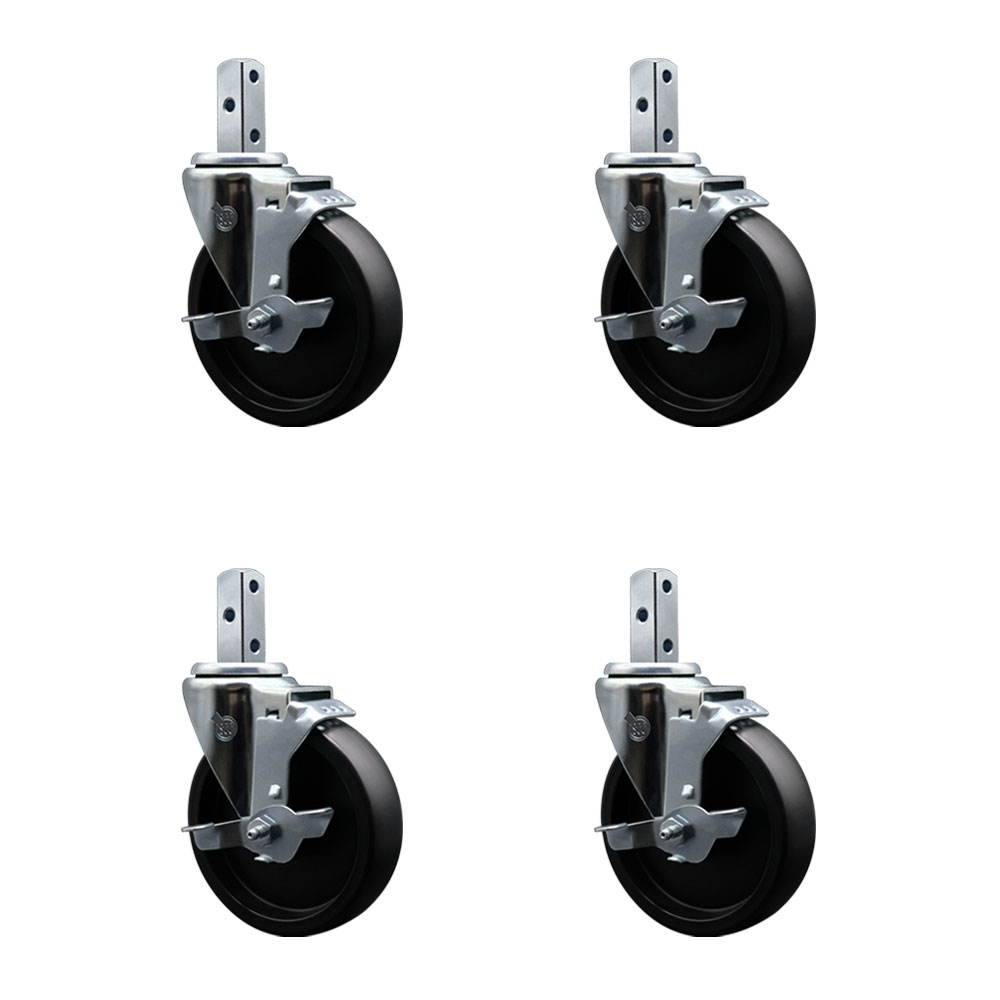 Polyolefin Swivel Square Stem Caster Wheels Set 4 with 5 Inch Wheels-7/8” x 2” Square Stem with (3) 17/64” Diameter Mounting Holes-Includes 4 Top Lock Brakes- 1400lbs. Cpty/Caster-Service Caster Brand — photo 1