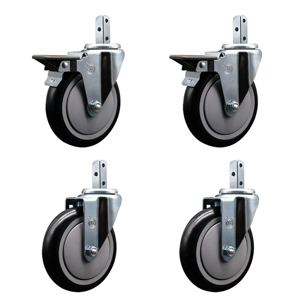 Swivel Square Stem Caster Set 4 w/5” x 1.25” Black Poly Wheel - 3/4” x 2” Square Stem with (3) 17/64” Diameter Mounting Holes - Includes 2 Posi Lock Brakes-1400lbs. Cpty/Caster - Service Caster Brand — photo 1
