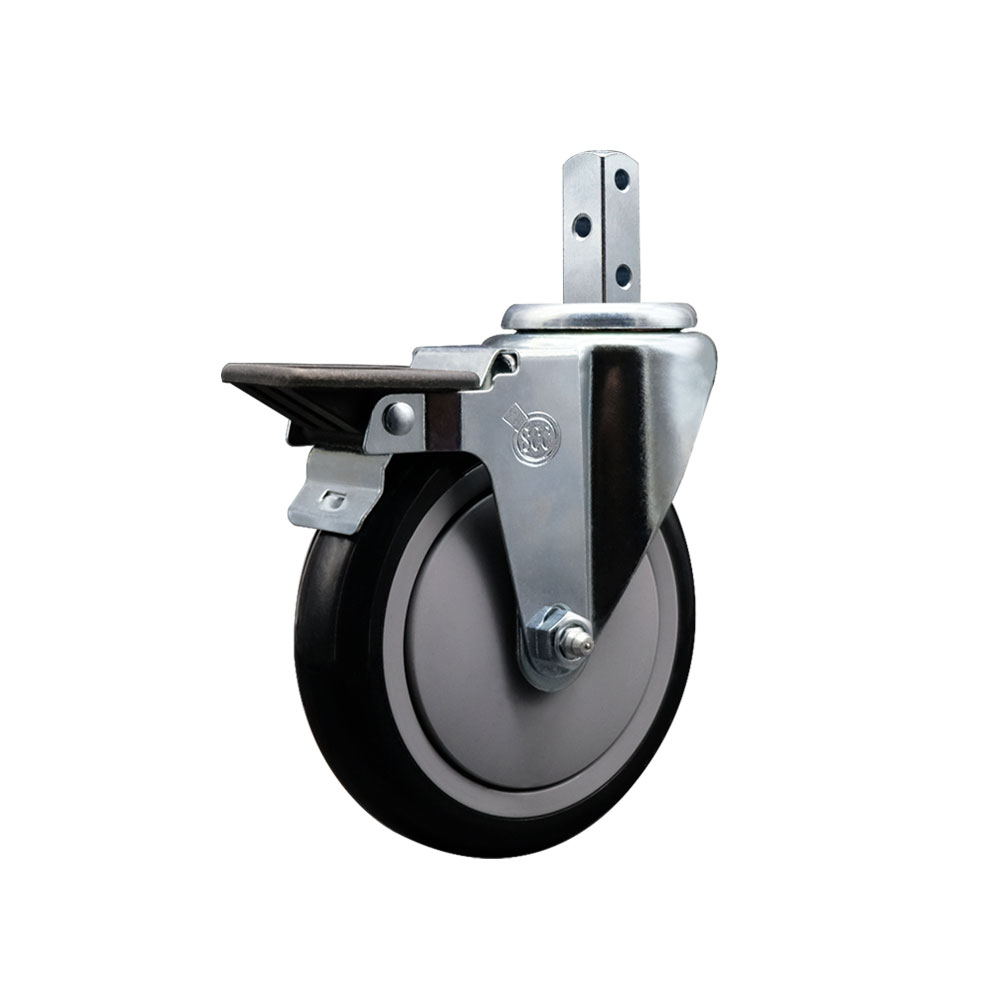 Swivel Square Stem Caster w/5” x 1.25” Black Polyurethane Wheel – 3/4” x 2” Square Stem with (3) 17/64” Diameter Mounting Holes & Posi Lock Brakes – 350 lbs. Capacity/Caster – Service Caster Brand — photo 1