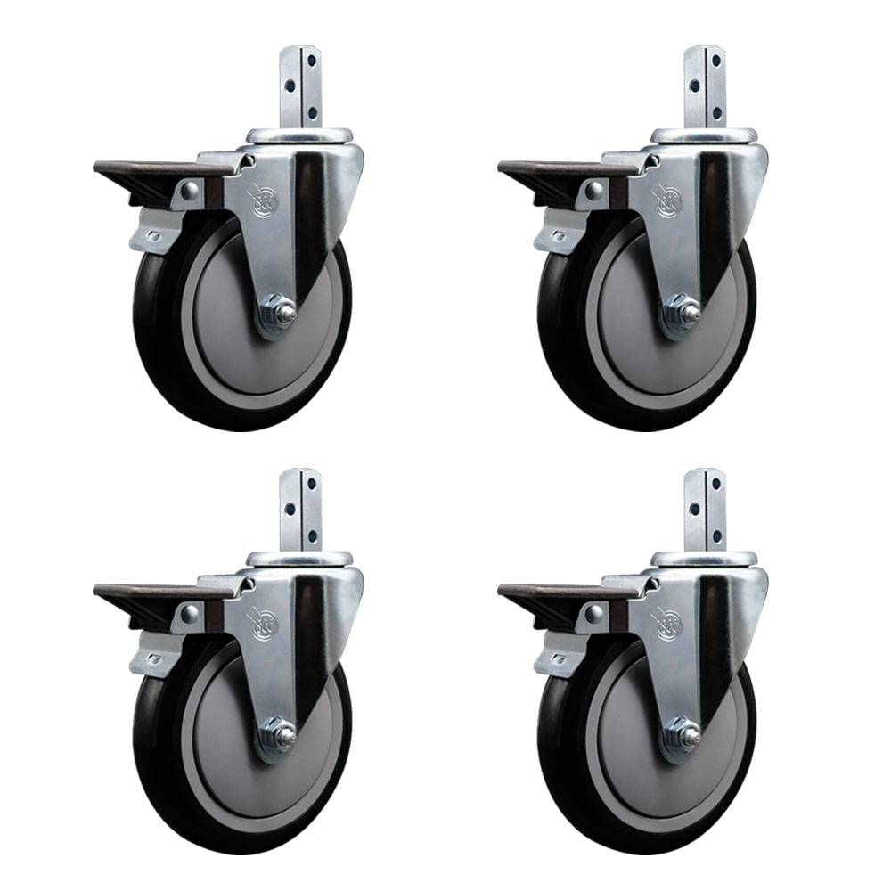 Swivel Square Stem Caster Set 4 w/5” x 1.25” Black Poly Wheel - 7/8” x 2” Square Stem with (3) 17/64” Diameter Mounting Holes - Includes 4 Posi Lock Brakes-1400lbs. Cpty/Caster - Service Caster Brand — photo 1