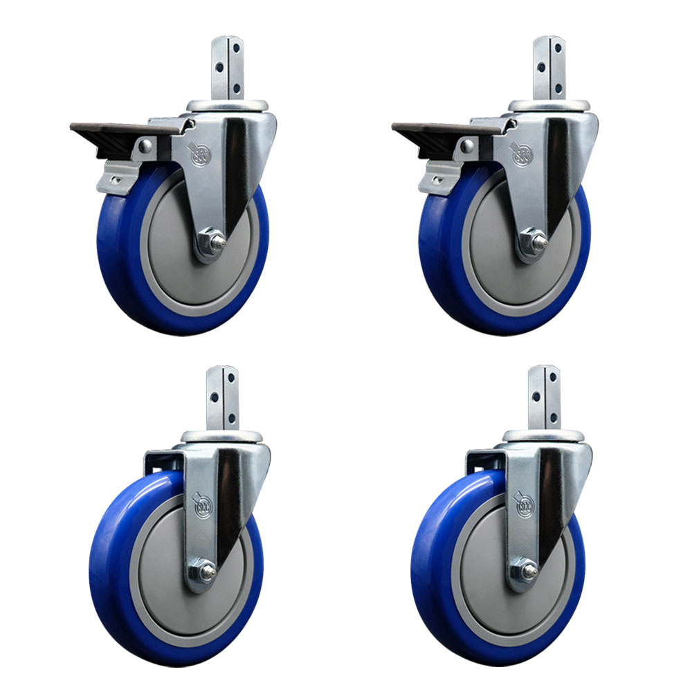Swivel Square Stem Caster Set 4 w/5” x 1.25” Blue Poly Wheel - 3/4” x 2” Square Stem with (3) 17/64” Diameter Mounting Holes - Includes 2 Posi Lock Brakes-1400lbs. Cpty/Caster - Service Caster Brand — photo 1