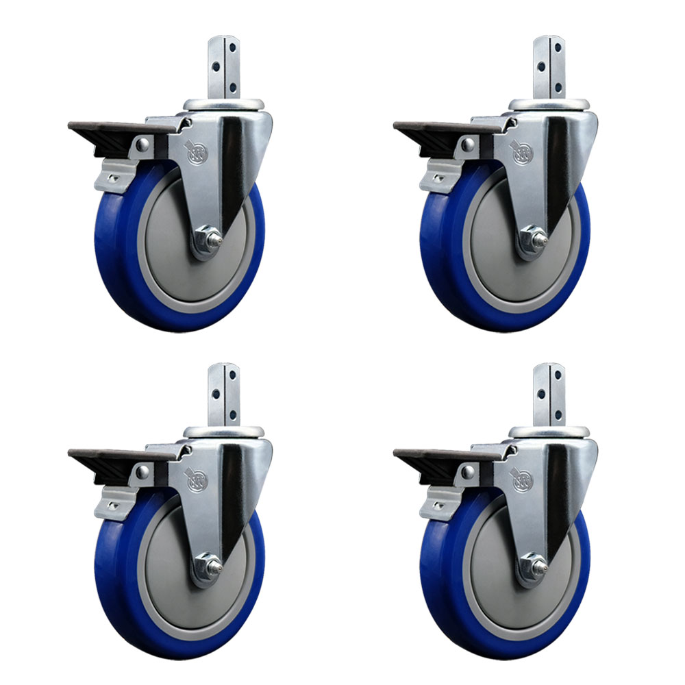 Swivel Square Stem Caster Set 4 w/5” x 1.25” Blue Poly Wheel - 3/4” x 2” Square Stem with (3) 17/64” Diameter Mounting Holes - Includes 4 Posi Lock Brakes-1400lbs. Cpty/Caster - Service Caster Brand — photo 1