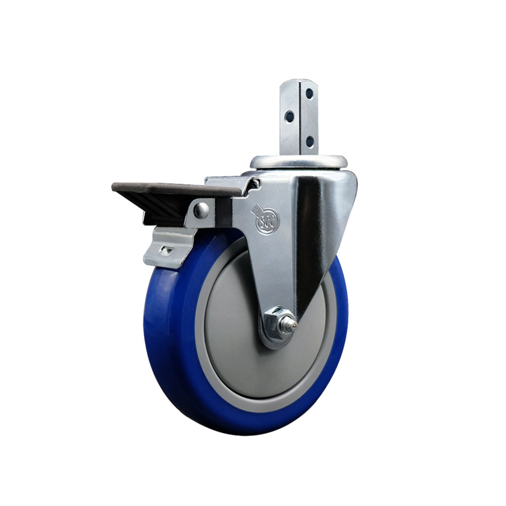 Swivel Square Stem Caster w/5” x 1.25” Blue Polyurethane Wheel – 3/4” x 2” Square Stem with (3) 17/64” Diameter Mounting Holes & Posi Lock Brakes – 350 lbs. Capacity/Caster – Service Caster Brand — photo 1