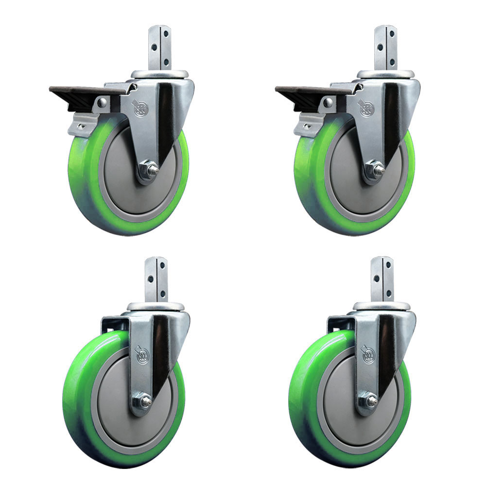 Swivel Square Stem Caster Set 4 w/5” x 1.25” Green Poly Wheel - 3/4” x 2” Square Stem with (3) 17/64” Diameter Mounting Holes - Includes 2 Posi Lock Brakes-1400lbs. Cpty/Caster - Service Caster Brand — photo 1
