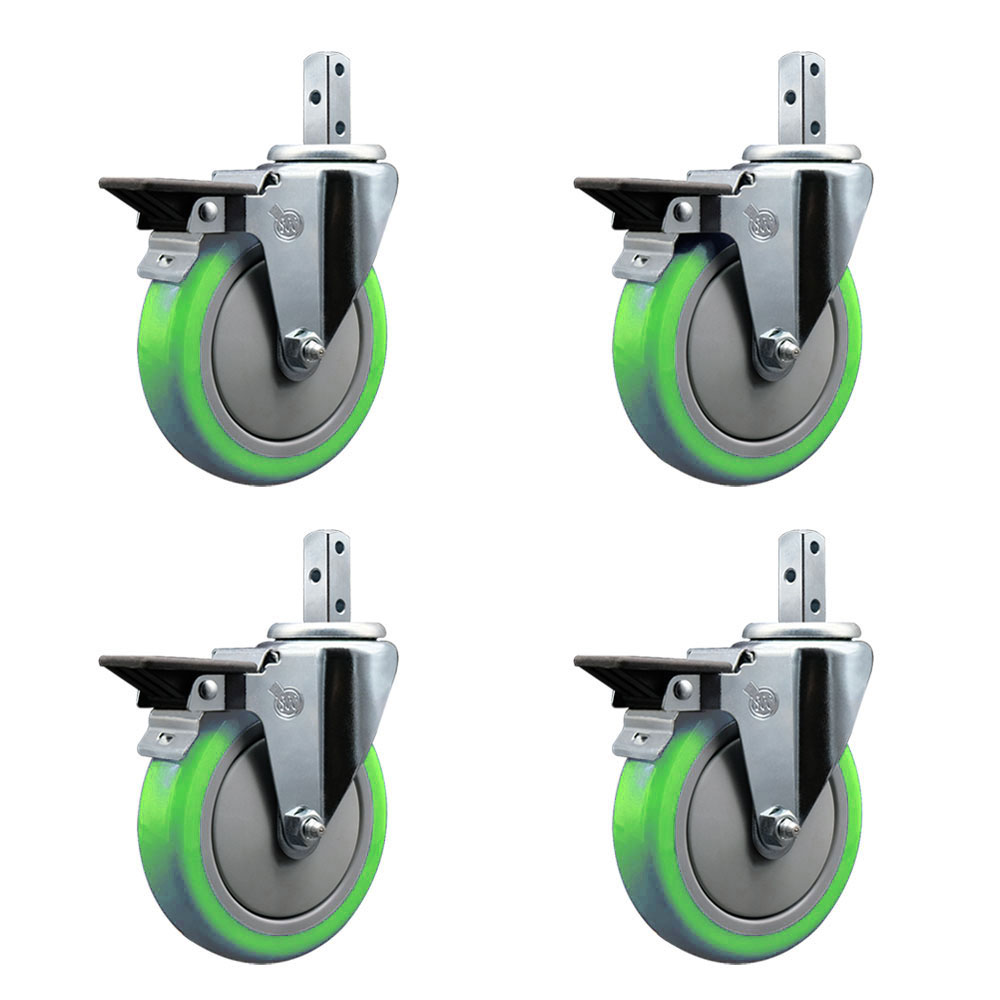 Swivel Square Stem Caster Set 4 w/5” x 1.25” Green Poly Wheel - 3/4” x 2” Square Stem with (3) 17/64” Diameter Mounting Holes - Includes 4 Posi Lock Brakes-1400lbs. Cpty/Caster - Service Caster Brand — photo 1