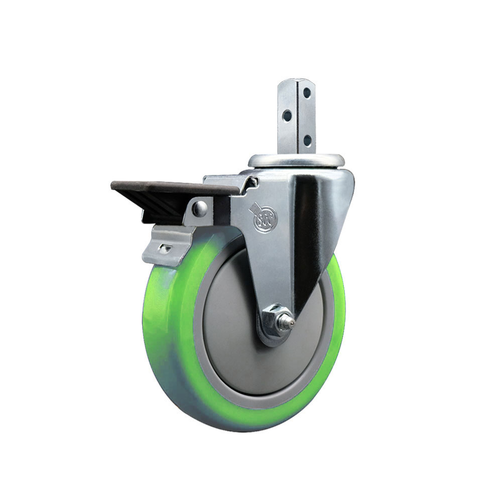 Swivel Square Stem Caster w/5” x 1.25” Green Polyurethane Wheel – 3/4” x 2” Square Stem with (3) 17/64” Diameter Mounting Holes & Posi Lock Brakes – 350 lbs. Capacity/Caster – Service Caster Brand — photo 1